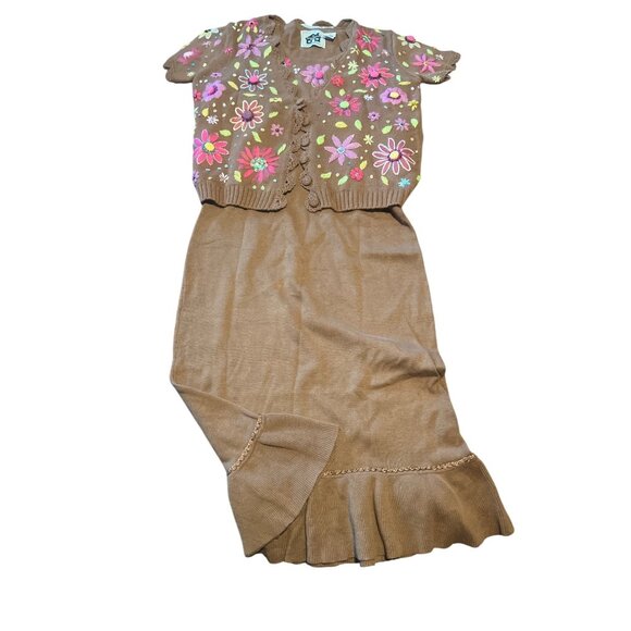 Storybook Knits XS Floral Embroidered Brown Sleeveless Dress & Cardigan Set - Picture 1 of 11